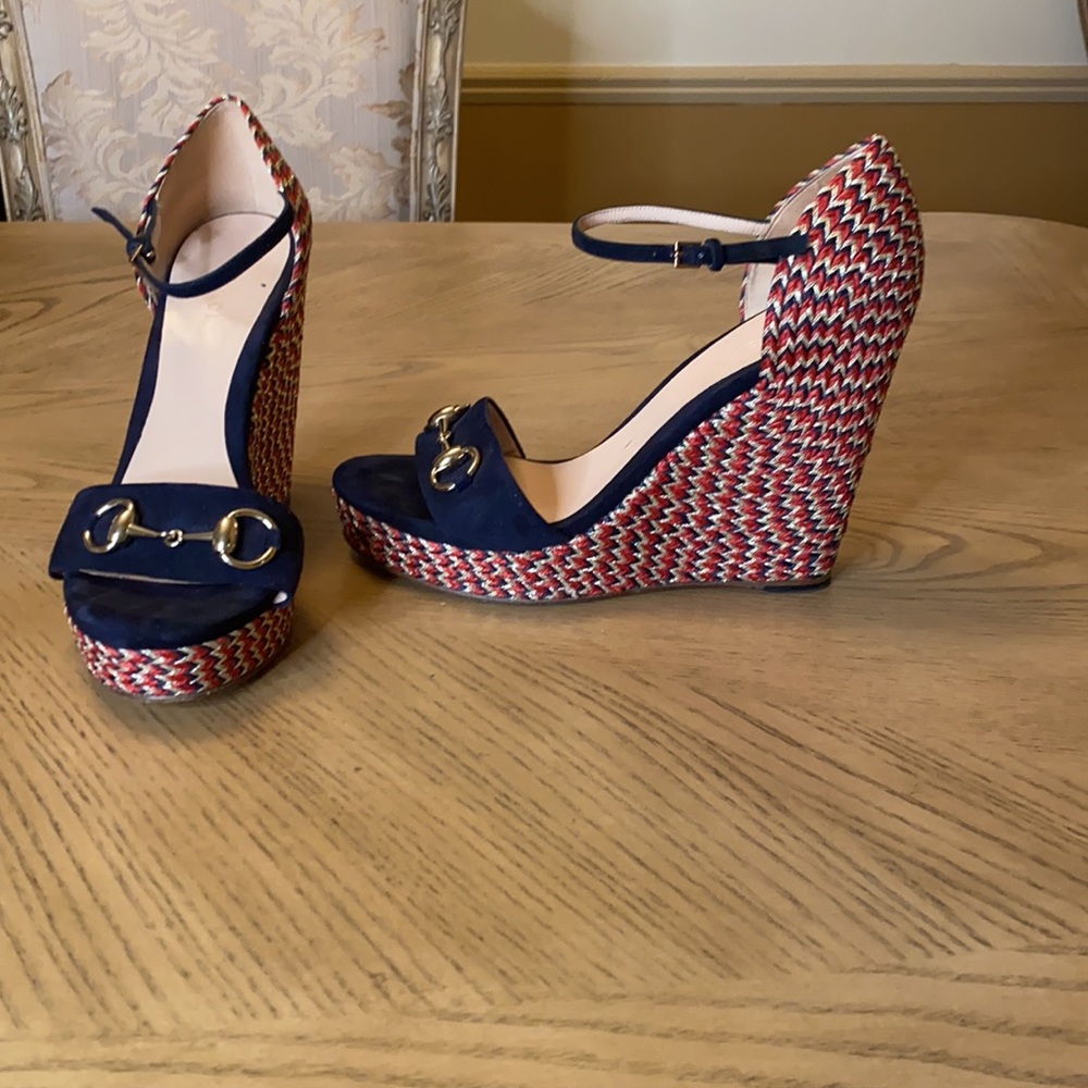 ❤️ Authentic Gucci Blue Suede Horsebit Espadrille Wedge Heels - Picture 9 of 11